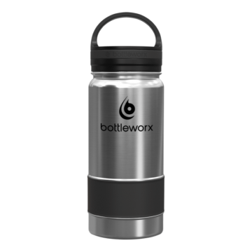 Bottleworx 16 oz insulated bottles in stainless steel, white, and black with customizable corporate packages, featuring loop lids and additional drinking lid options.