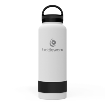 Bottleworx 40 oz insulated bottles in stainless steel, white, and black with customizable corporate packages, featuring loop lids and additional drinking lid options.