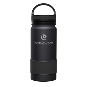 Bottleworx 16 oz insulated bottles in stainless steel, white, and black with customizable corporate packages, featuring loop lids and additional drinking lid options.