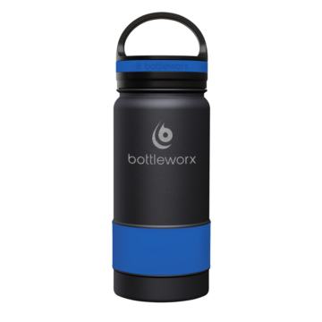 Bottleworx 16 oz insulated bottles in stainless steel, white, and black with customizable corporate packages, featuring loop lids and additional drinking lid options.