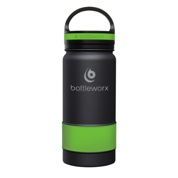 Bottleworx 16 oz insulated bottles in stainless steel, white, and black with customizable corporate packages, featuring loop lids and additional drinking lid options.