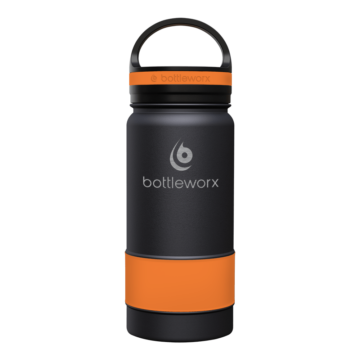 Bottleworx 16 oz insulated bottles in stainless steel, white, and black with customizable corporate packages, featuring loop lids and additional drinking lid options.