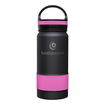 Bottleworx 16 oz insulated bottles in stainless steel, white, and black with customizable corporate packages, featuring loop lids and additional drinking lid options.