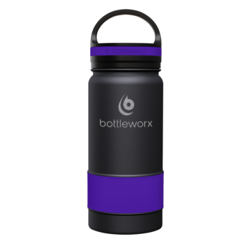 Bottleworx 16 oz insulated bottles in stainless steel, white, and black with customizable corporate packages, featuring loop lids and additional drinking lid options.