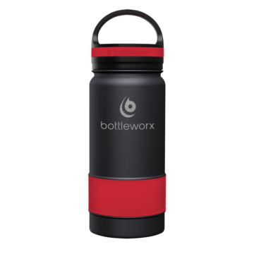 Bottleworx 16 oz insulated bottles in stainless steel, white, and black with customizable corporate packages, featuring loop lids and additional drinking lid options.