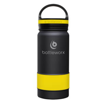 Bottleworx 16 oz insulated bottles in stainless steel, white, and black with customizable corporate packages, featuring loop lids and additional drinking lid options.