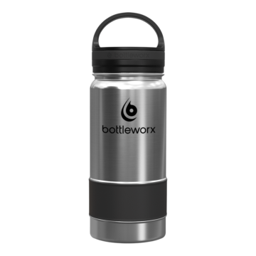 Bottleworx 16 oz insulated bottles in stainless steel, white, and black with customizable corporate packages, featuring loop lids and additional drinking lid options.