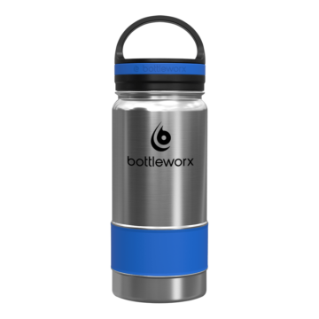 Bottleworx 16 oz insulated bottles in stainless steel, white, and black with customizable corporate packages, featuring loop lids and additional drinking lid options.