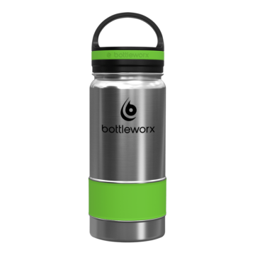 Bottleworx 16 oz insulated bottles in stainless steel, white, and black with customizable corporate packages, featuring loop lids and additional drinking lid options.