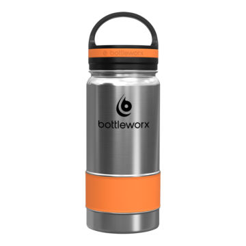 Bottleworx 16 oz insulated bottles in stainless steel, white, and black with customizable corporate packages, featuring loop lids and additional drinking lid options.
