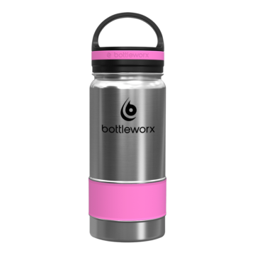 Bottleworx 16 oz insulated bottles in stainless steel, white, and black with customizable corporate packages, featuring loop lids and additional drinking lid options.