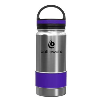 Bottleworx 16 oz insulated bottles in stainless steel, white, and black with customizable corporate packages, featuring loop lids and additional drinking lid options.