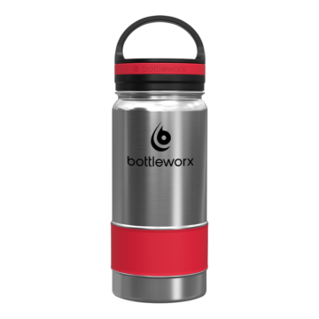 Bottleworx 16 oz insulated bottles in stainless steel, white, and black with customizable corporate packages, featuring loop lids and additional drinking lid options.