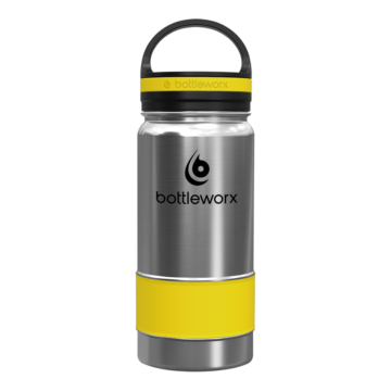 Bottleworx 16 oz insulated bottles in stainless steel, white, and black with customizable corporate packages, featuring loop lids and additional drinking lid options.