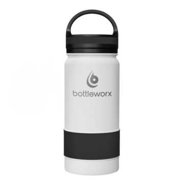 Bottleworx 16 oz insulated bottles in stainless steel, white, and black with customizable corporate packages, featuring loop lids and additional drinking lid options.