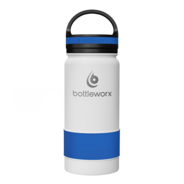Bottleworx 16 oz insulated bottles in stainless steel, white, and black with customizable corporate packages, featuring loop lids and additional drinking lid options.