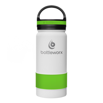 Bottleworx 16 oz insulated bottles in stainless steel, white, and black with customizable corporate packages, featuring loop lids and additional drinking lid options.