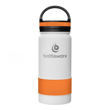 Bottleworx 16 oz insulated bottles in stainless steel, white, and black with customizable corporate packages, featuring loop lids and additional drinking lid options.