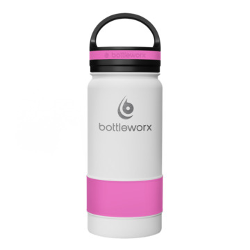Bottleworx 16 oz insulated bottles in stainless steel, white, and black with customizable corporate packages, featuring loop lids and additional drinking lid options.