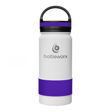 Bottleworx 16 oz insulated bottles in stainless steel, white, and black with customizable corporate packages, featuring loop lids and additional drinking lid options.