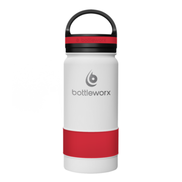 Bottleworx 16 oz insulated bottles in stainless steel, white, and black with customizable corporate packages, featuring loop lids and additional drinking lid options.