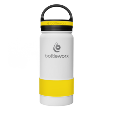 Bottleworx 16 oz insulated bottles in stainless steel, white, and black with customizable corporate packages, featuring loop lids and additional drinking lid options.
