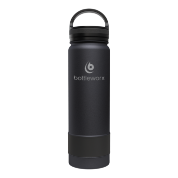 Bottleworx 21 oz insulated bottles in stainless steel, white, and black with customizable corporate packages, featuring loop lids and additional drinking lid options.