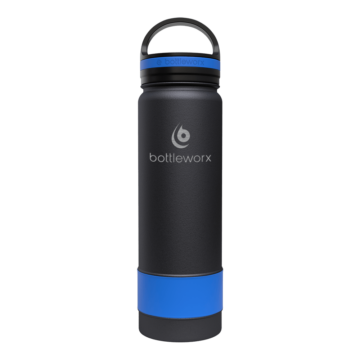 Bottleworx 21 oz insulated bottles in stainless steel, white, and black with customizable corporate packages, featuring loop lids and additional drinking lid options.