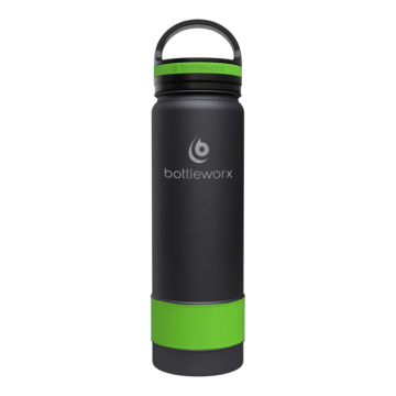 Bottleworx 21 oz insulated bottles in stainless steel, white, and black with customizable corporate packages, featuring loop lids and additional drinking lid options.