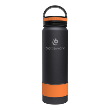 Bottleworx 21 oz insulated bottles in stainless steel, white, and black with customizable corporate packages, featuring loop lids and additional drinking lid options.