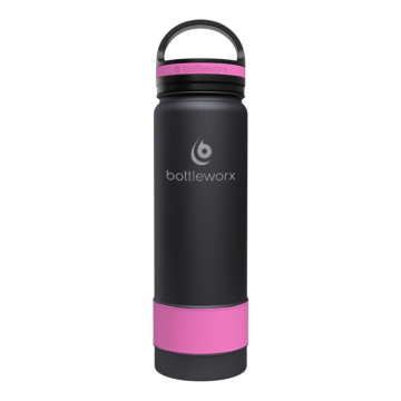 Bottleworx 21 oz insulated bottles in stainless steel, white, and black with customizable corporate packages, featuring loop lids and additional drinking lid options.