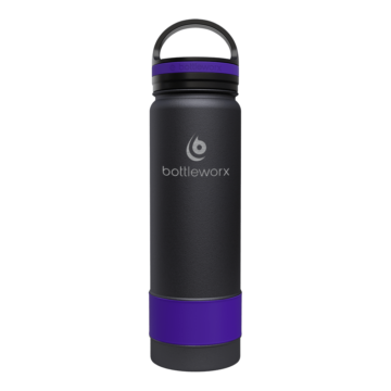 Bottleworx 21 oz insulated bottles in stainless steel, white, and black with customizable corporate packages, featuring loop lids and additional drinking lid options.