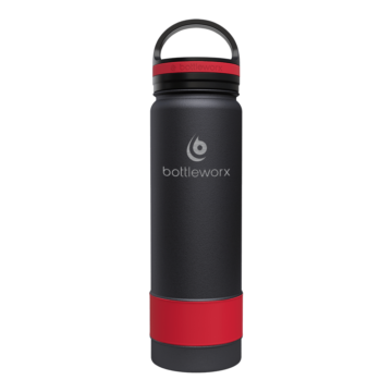 Bottleworx 21 oz insulated bottles in stainless steel, white, and black with customizable corporate packages, featuring loop lids and additional drinking lid options.