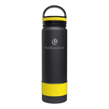 Bottleworx 21 oz insulated bottles in stainless steel, white, and black with customizable corporate packages, featuring loop lids and additional drinking lid options.