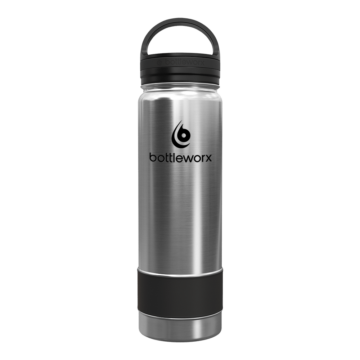 Bottleworx 21 oz insulated bottles in stainless steel, white, and black with customizable corporate packages, featuring loop lids and additional drinking lid options.