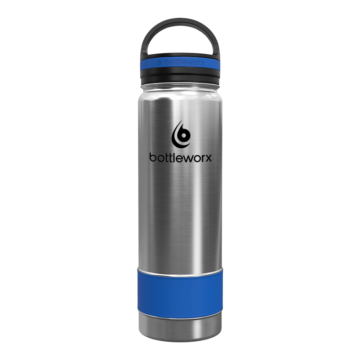 Bottleworx 21 oz insulated bottles in stainless steel, white, and black with customizable corporate packages, featuring loop lids and additional drinking lid options.