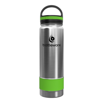 Bottleworx 21 oz insulated bottles in stainless steel, white, and black with customizable corporate packages, featuring loop lids and additional drinking lid options.