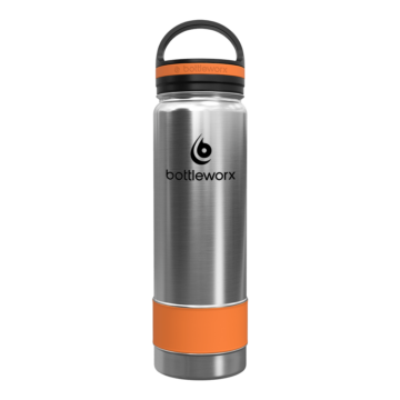 Bottleworx 21 oz insulated bottles in stainless steel, white, and black with customizable corporate packages, featuring loop lids and additional drinking lid options.