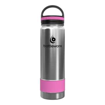 Bottleworx 21 oz insulated bottles in stainless steel, white, and black with customizable corporate packages, featuring loop lids and additional drinking lid options.