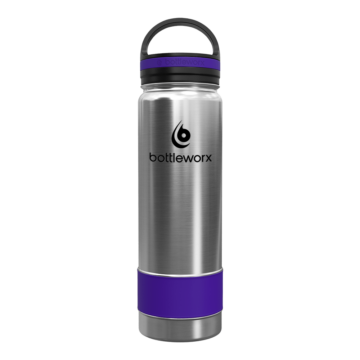 Bottleworx 21 oz insulated bottles in stainless steel, white, and black with customizable corporate packages, featuring loop lids and additional drinking lid options.