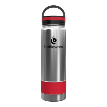 Bottleworx 21 oz insulated bottles in stainless steel, white, and black with customizable corporate packages, featuring loop lids and additional drinking lid options.
