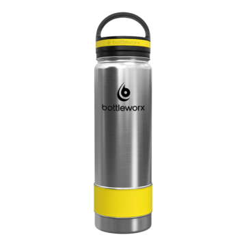 Bottleworx 21 oz insulated bottles in stainless steel, white, and black with customizable corporate packages, featuring loop lids and additional drinking lid options.