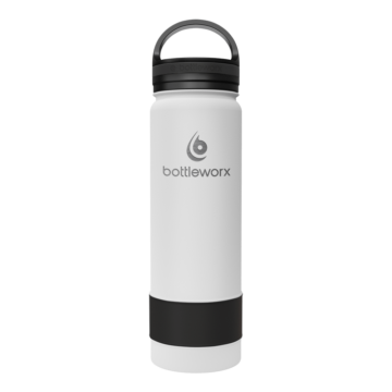 Bottleworx 21 oz insulated bottles in stainless steel, white, and black with customizable corporate packages, featuring loop lids and additional drinking lid options.