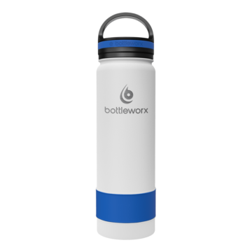 Bottleworx 21 oz insulated bottles in stainless steel, white, and black with customizable corporate packages, featuring loop lids and additional drinking lid options.