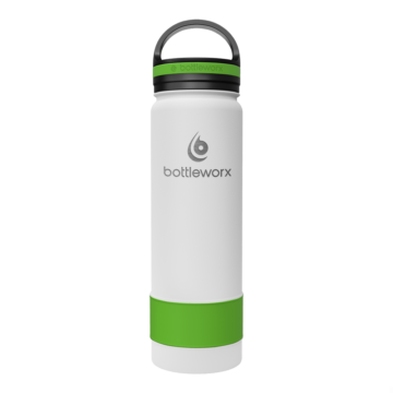 Bottleworx 21 oz insulated bottles in stainless steel, white, and black with customizable corporate packages, featuring loop lids and additional drinking lid options.