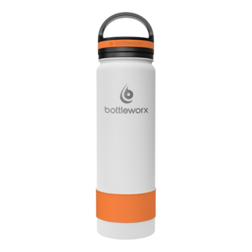 Bottleworx 21 oz insulated bottles in stainless steel, white, and black with customizable corporate packages, featuring loop lids and additional drinking lid options.