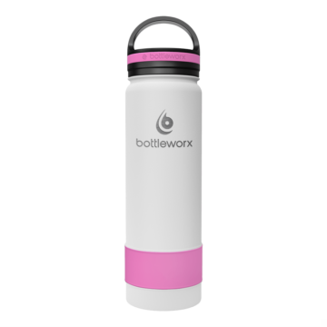 Bottleworx 21 oz insulated bottles in stainless steel, white, and black with customizable corporate packages, featuring loop lids and additional drinking lid options.