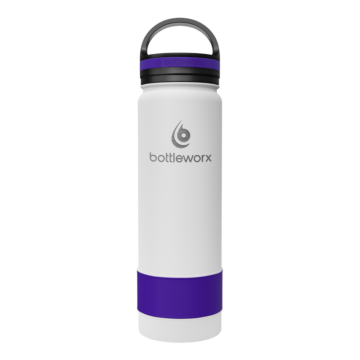 Bottleworx 21 oz insulated bottles in stainless steel, white, and black with customizable corporate packages, featuring loop lids and additional drinking lid options.