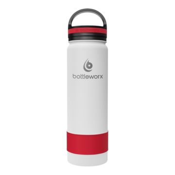 Bottleworx 21 oz insulated bottles in stainless steel, white, and black with customizable corporate packages, featuring loop lids and additional drinking lid options.