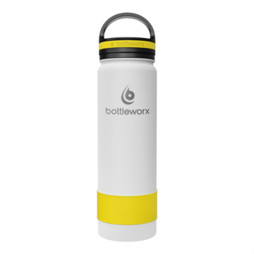 Bottleworx 21 oz insulated bottles in stainless steel, white, and black with customizable corporate packages, featuring loop lids and additional drinking lid options.
